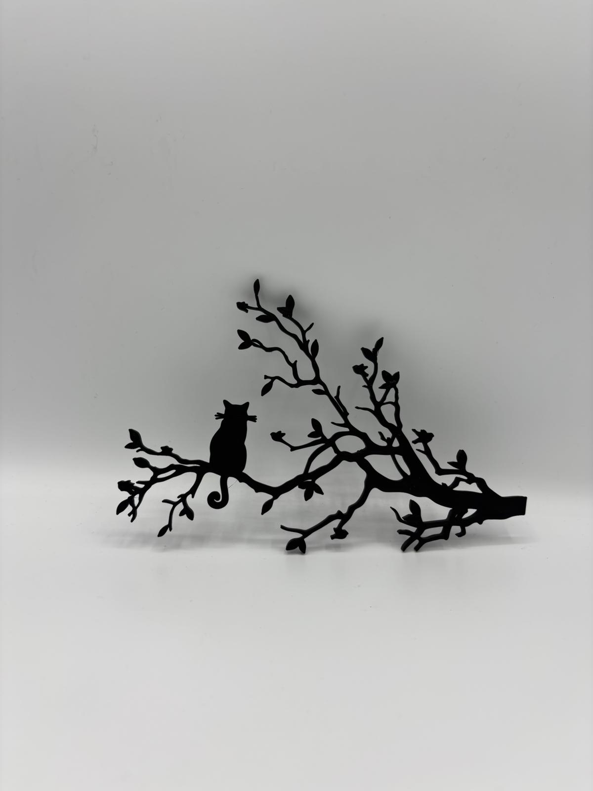 Katze auf Ast Wanddeko aus 3D Druck | Minimalistische Wandkunst