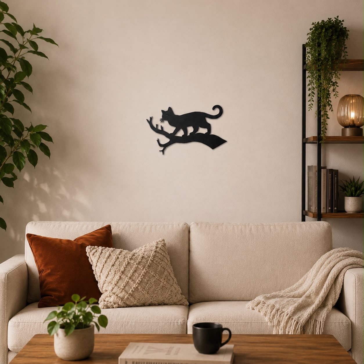 Katze auf Ast Wanddeko | Katzen Wandkunst ohne Bohren